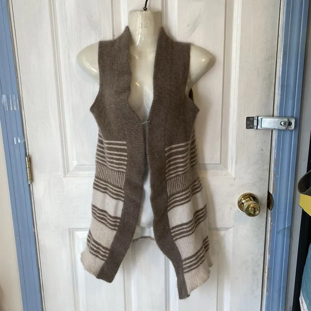Only Mine Sleeveless Vest Cardigan 2-Ply 100% Cashmere Sz S GrayTan Striped Soft